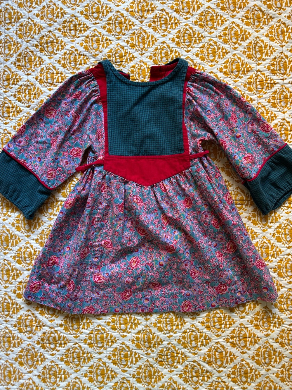 Vintage Floral Dress with Green Panel and Red Corduroy Trim, Girls 4T